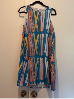 Novelty Ski Print Sleeveless A-Line Dress with Pockets Blue Multicolor Size S/M